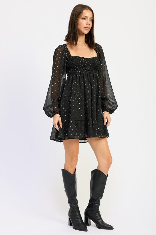 Smocked Long Sleeve Babydoll Mini Dress