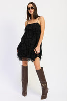 LACE RUFFLE MINI DRESS WITH SPAGHETTI STRAPS