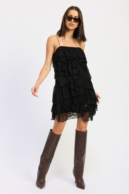 LACE RUFFLE MINI DRESS WITH SPAGHETTI STRAPS