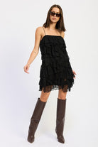 LACE RUFFLE MINI DRESS WITH SPAGHETTI STRAPS