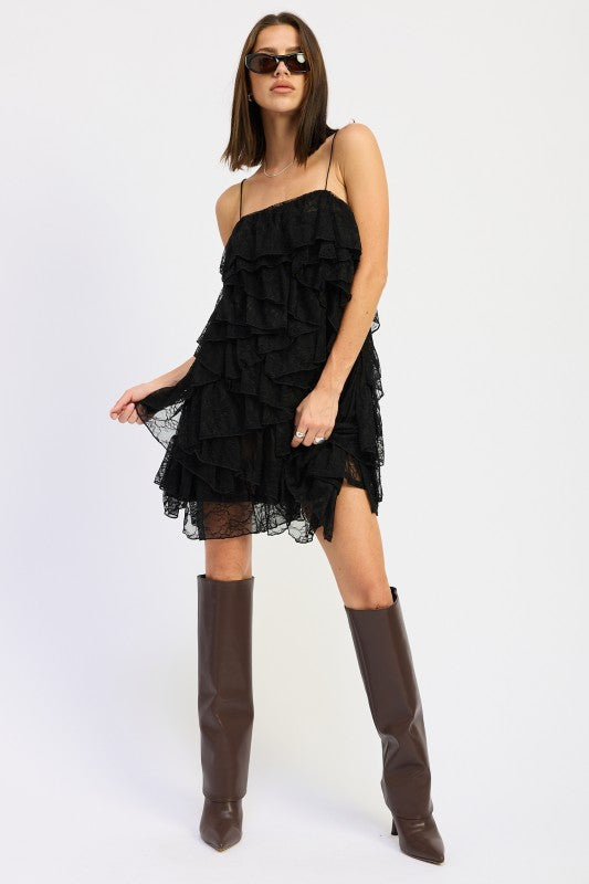 LACE RUFFLE MINI DRESS WITH SPAGHETTI STRAPS