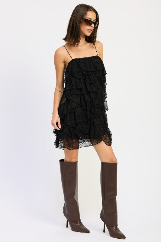LACE RUFFLE MINI DRESS WITH SPAGHETTI STRAPS