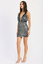 Deep V-Neck Paillette Mini Dress with Open Back
