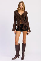 Front Tie Ruffled V-Neck Top
