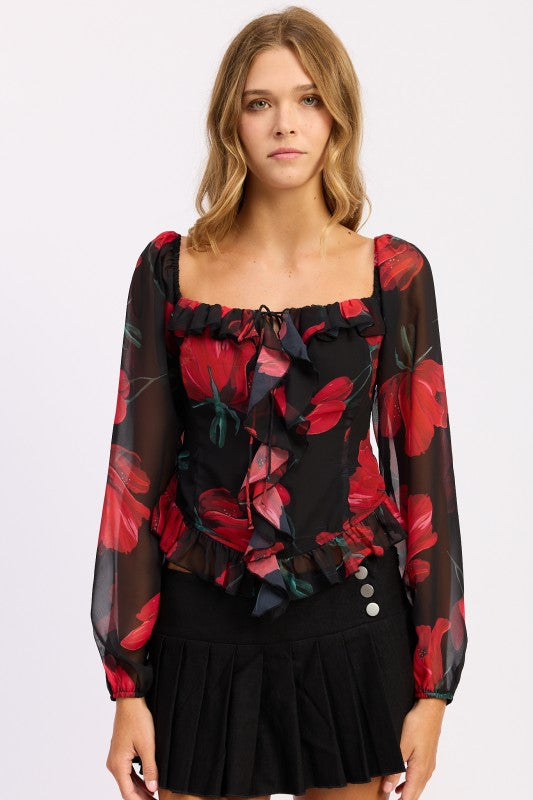 Floral Ruffled Long Sleeve Blouse