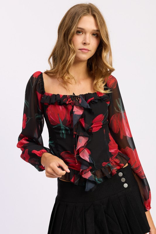 Floral Ruffled Long Sleeve Blouse