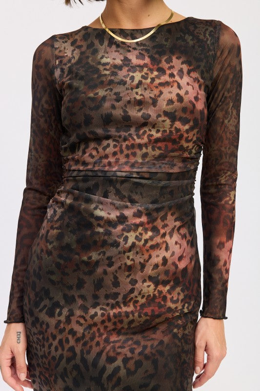 Open Back Animal Print Mesh Mini Dress