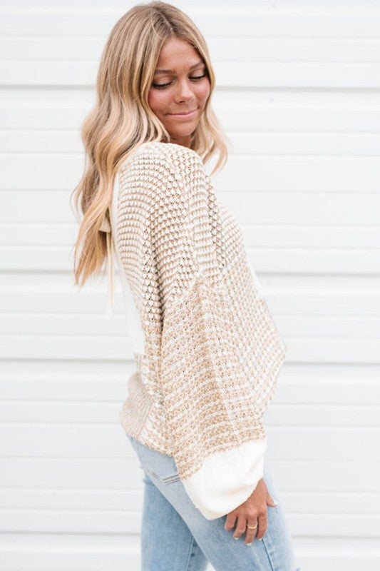 Mixed Knit Tie Keyhole Sweater