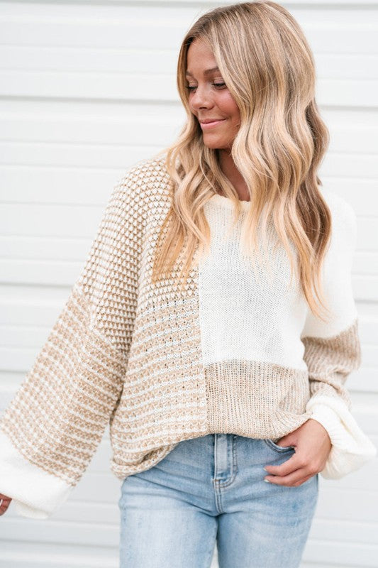 Mixed Knit Tie Keyhole Sweater