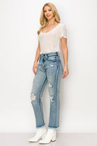 High Rise Distressed Straight Jeans