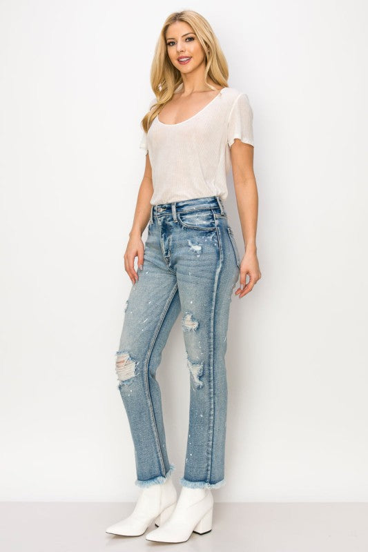 High Rise Distressed Straight Jeans