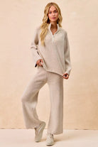 Rib Textured Knit Collared Top with Zip Up