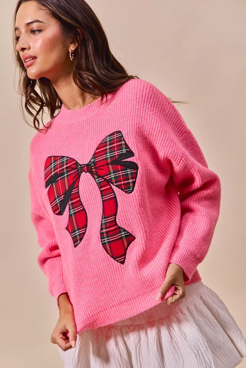 Plaid Ribbon Christmas Sweater