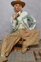 POL Button Down Patchwork Denim Jacket with Floral Print Details