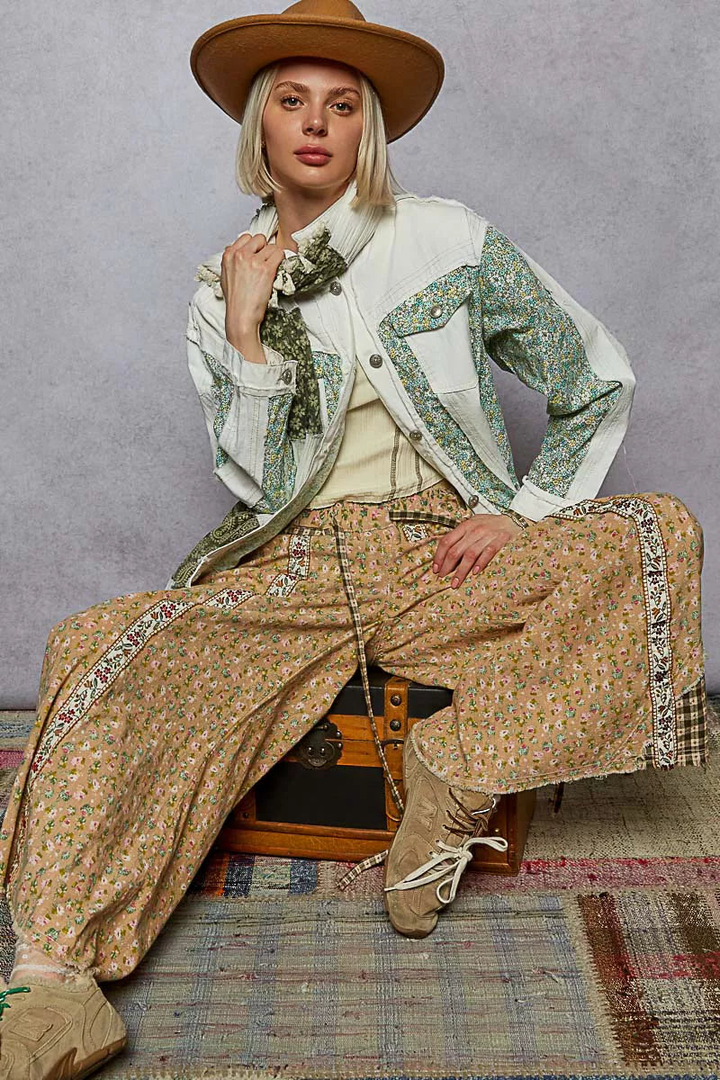 POL Button Down Patchwork Denim Jacket with Floral Print Details