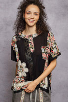 POL Lace Round Neck Short Sleeve Floral Pattern Top with Patch Detail