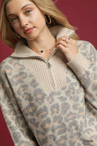 Leopard Print Quarter-Zip Knit Sweater