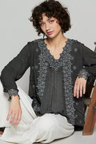 Floral Embroidery Woven Top with Lace Trim