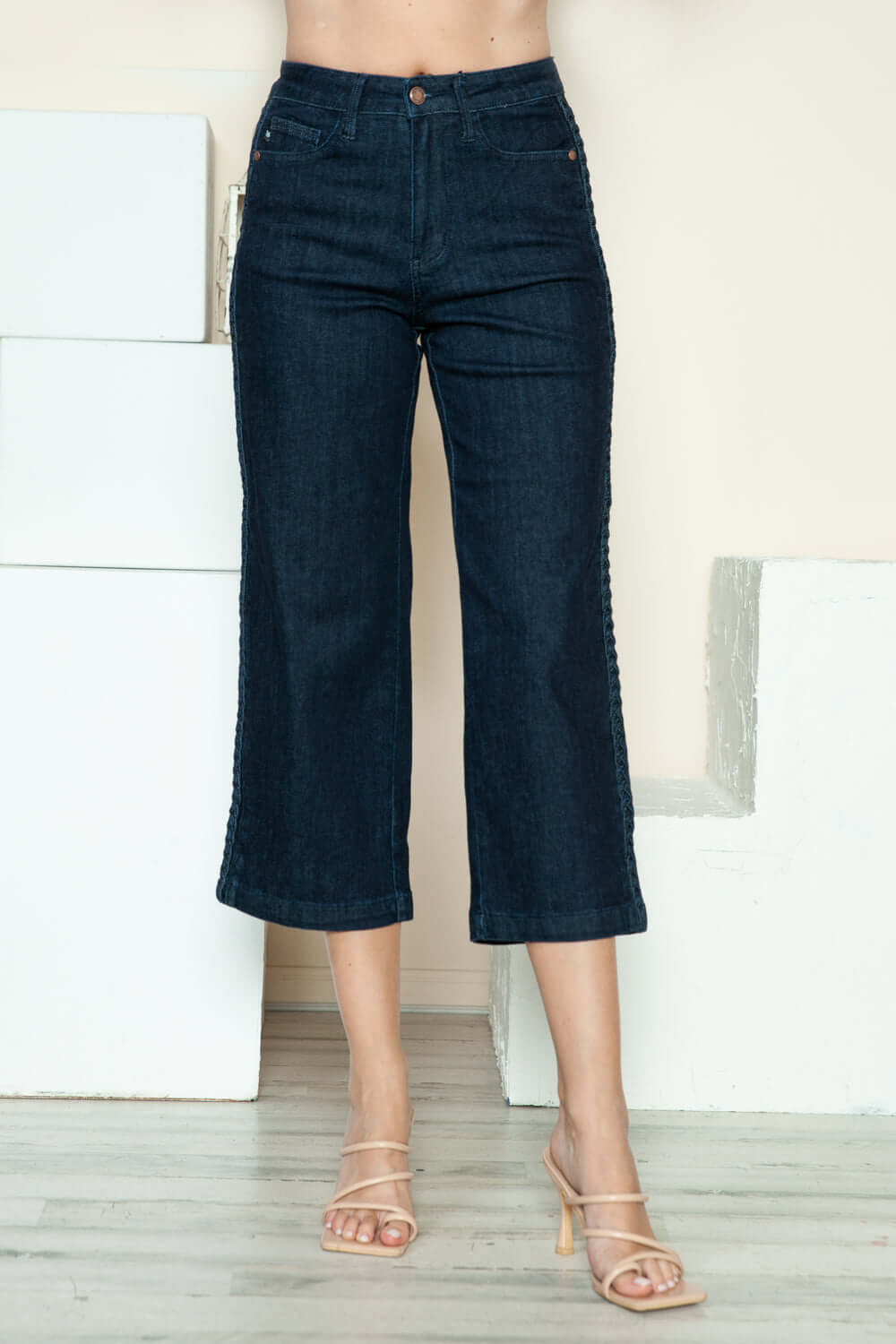 Side Seam Braid Detail Crop Wide Leg Jeans