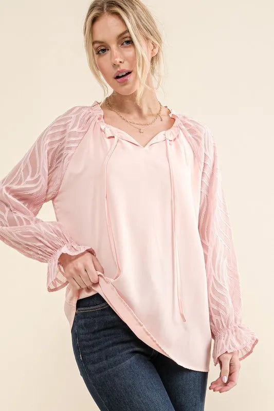 And The Why Leaves Shape Textured Sleeve Blouse