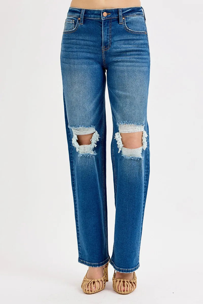 Mid Waist Boyfriend Distressed Jeans