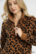 Umgee Leopard Print Quarter-Zip Sweatshirt