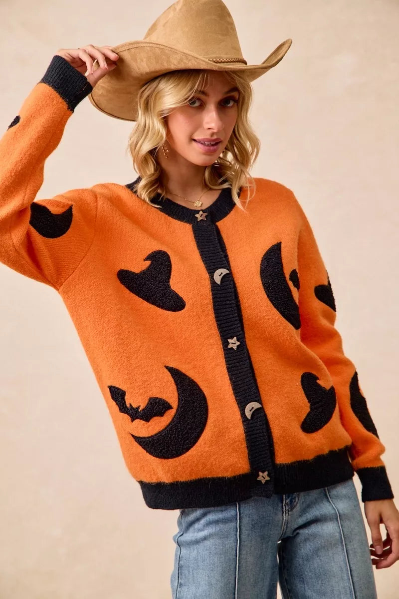 BiBi Halloween Witch Hat Moon Bat Artwork Cardigan