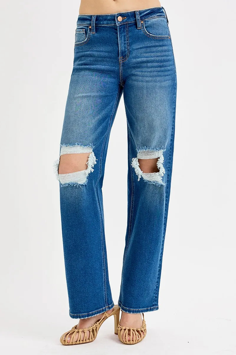 Mid Waist Boyfriend Distressed Jeans
