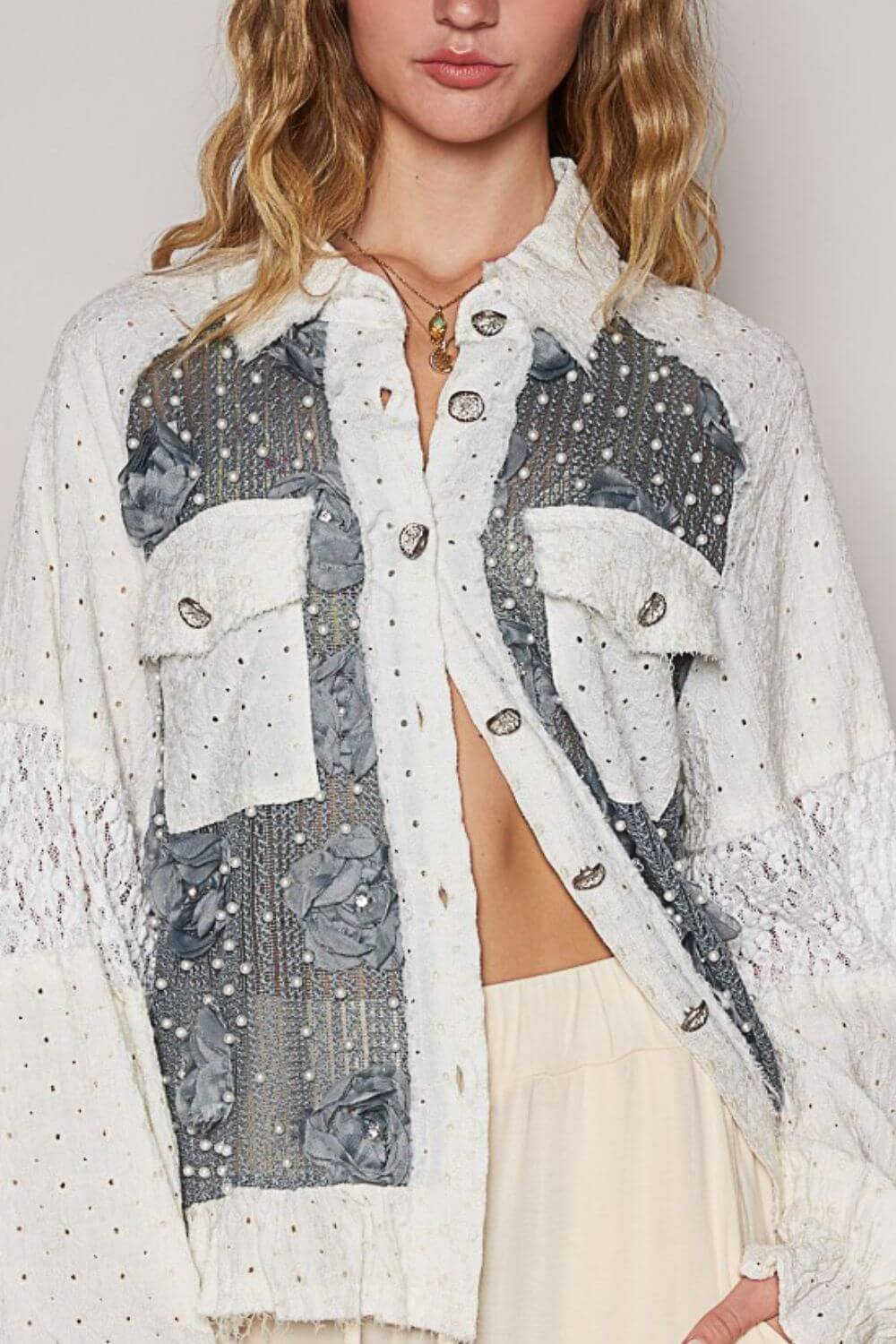 Flower Pearl Lace Patchwork Shirt