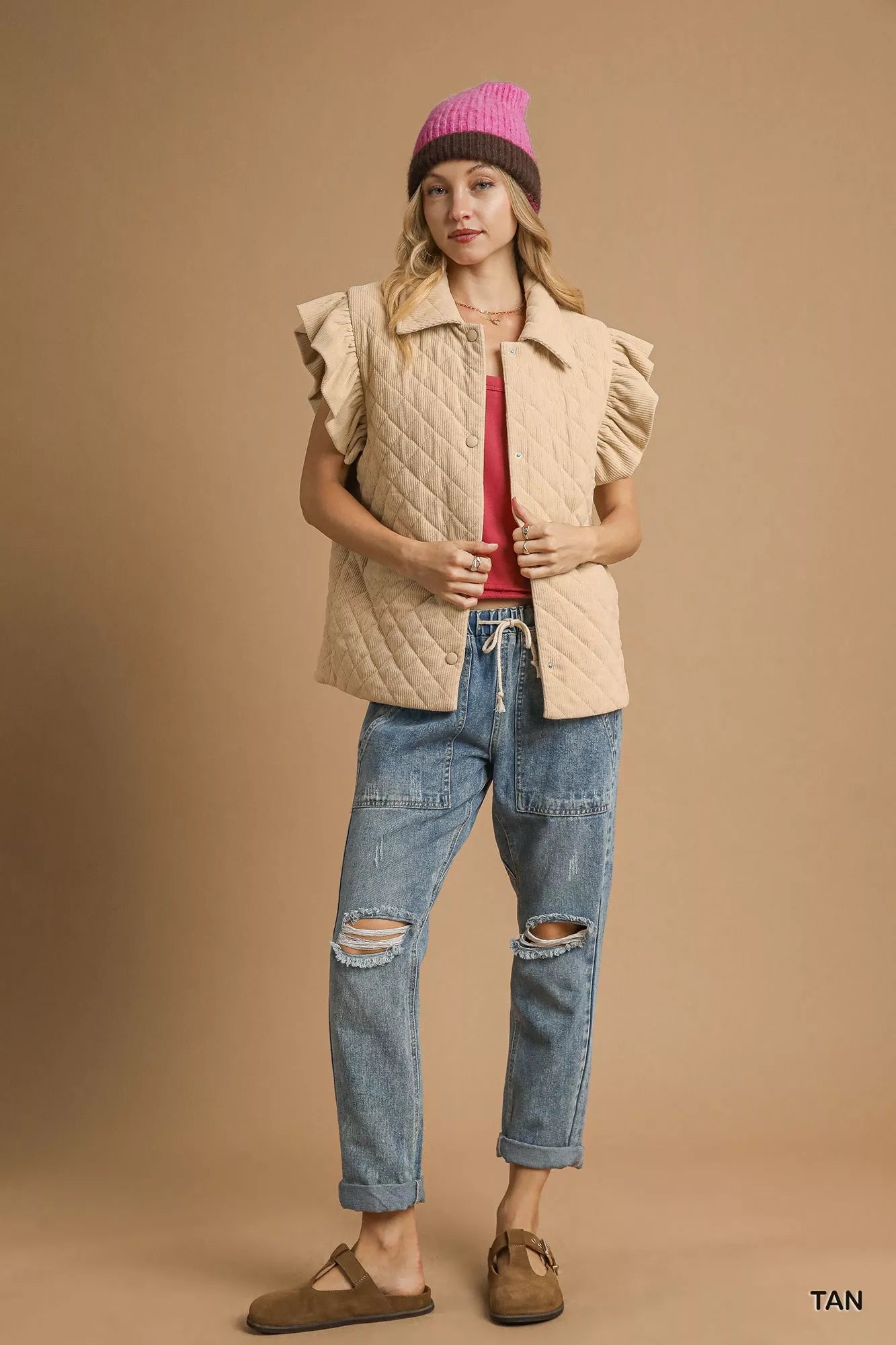 Corduroy Quilted Ruffle Sleeve Vest