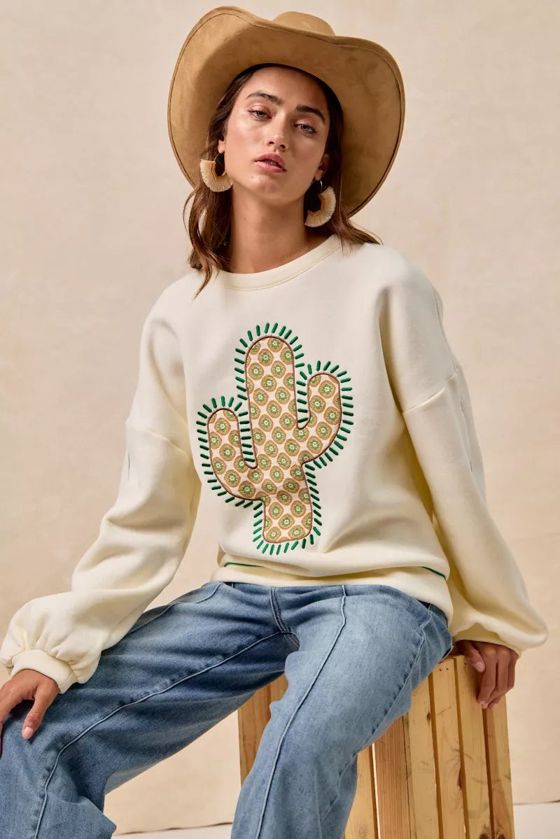 Cactus Embroidered Fleece Sweatshirt