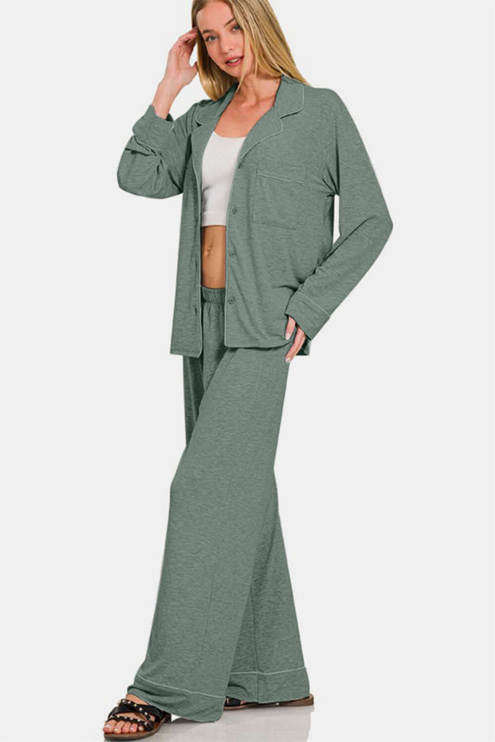 Button Down Long Sleeve Top and Pants Lounge Set