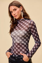 Plaid Mesh Knit Top with Thumb Opening