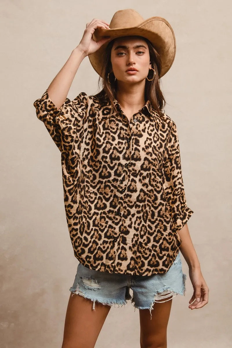 BiBi Leopard Prints Overseized Short Sleeves Top