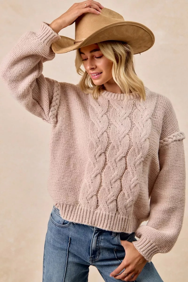 Cable Knit Sweater with Shoulder Braid Detail