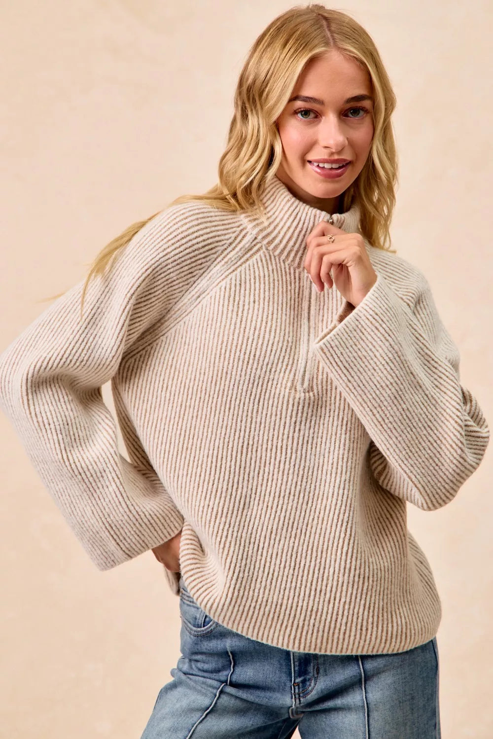 Rib Textured Knit Collared Top with Zip Up