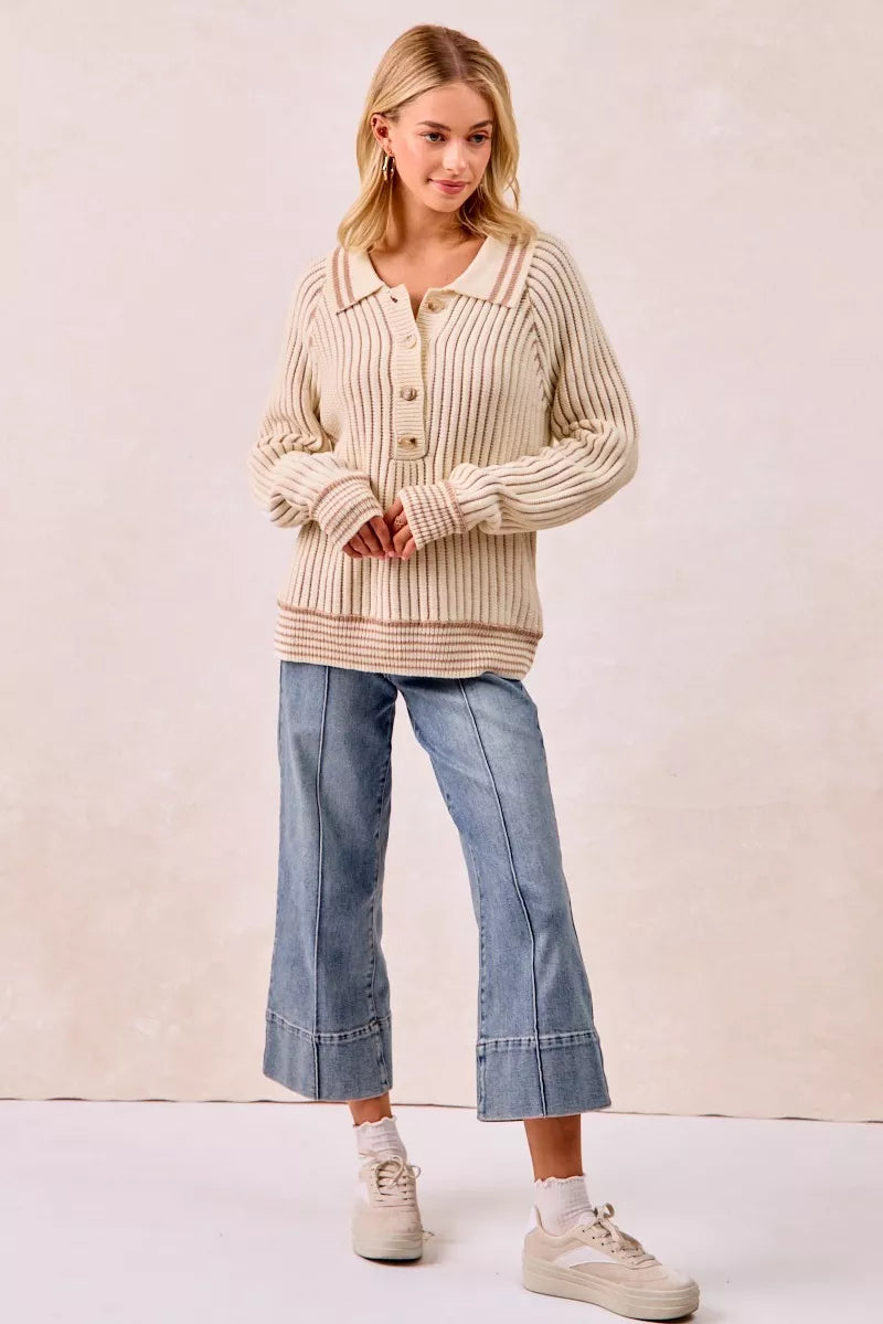 Half Button Ribbed Two Tone Sweater