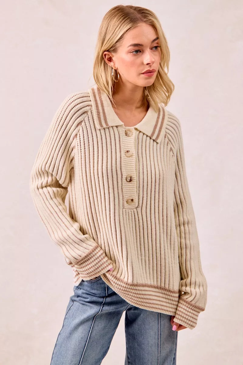 Half Button Ribbed Two Tone Sweater