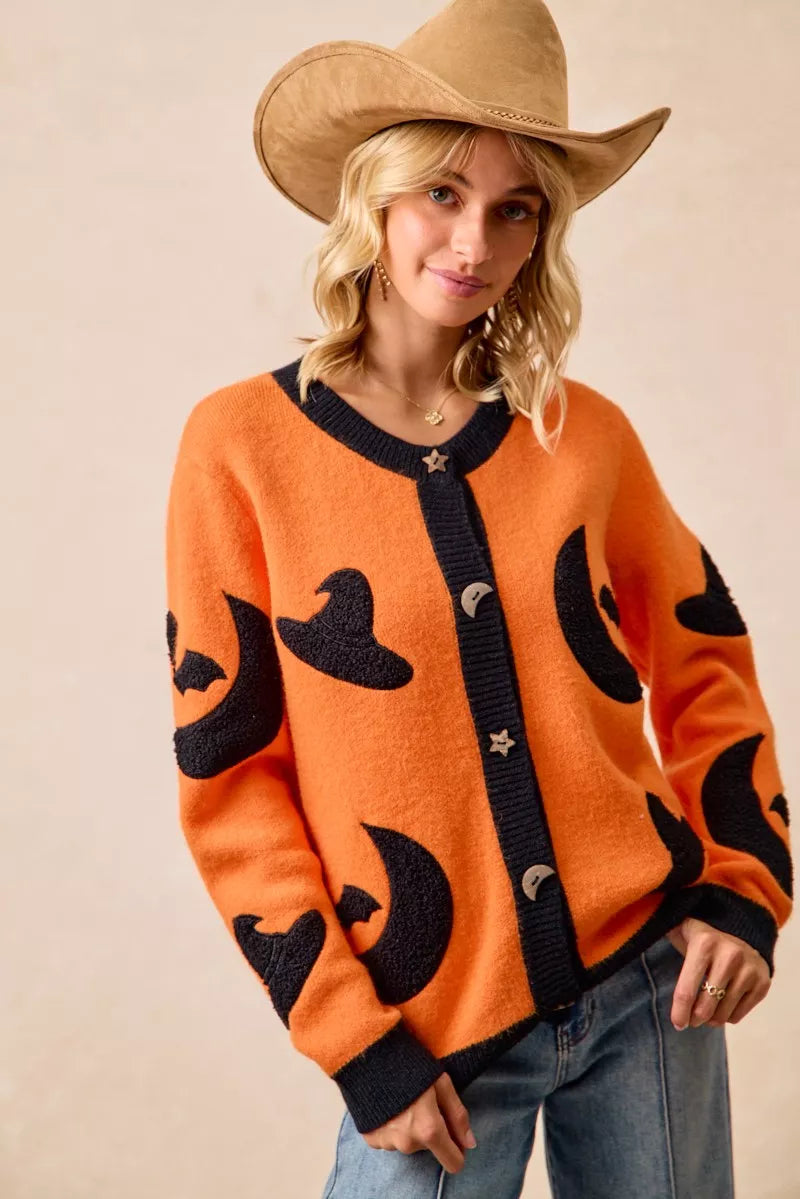 BiBi Halloween Witch Hat Moon Bat Artwork Cardigan