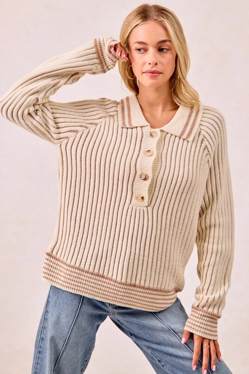 Half Button Ribbed Two Tone Sweater