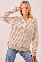 Half Button Ribbed Two Tone Sweater