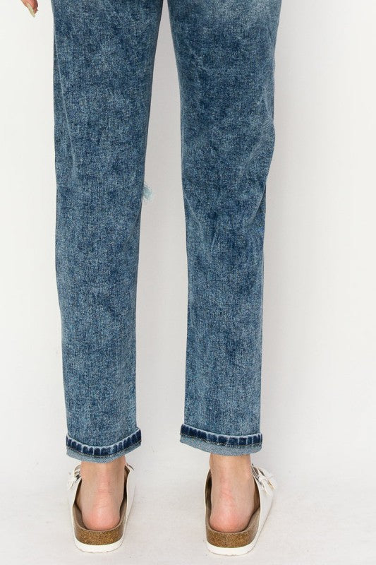 High Rise Stretch Distressed Mom Jeans