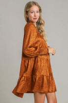 Smocked Leopard Long Sleeve Tiered Dress