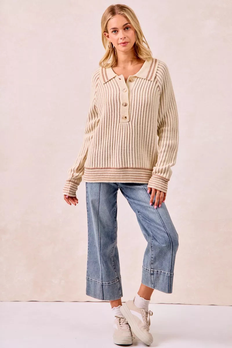 Half Button Ribbed Two Tone Sweater