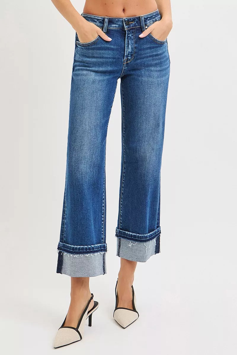RISEN Mid Rise Ankle Straight Jeans with Cuffed Hem