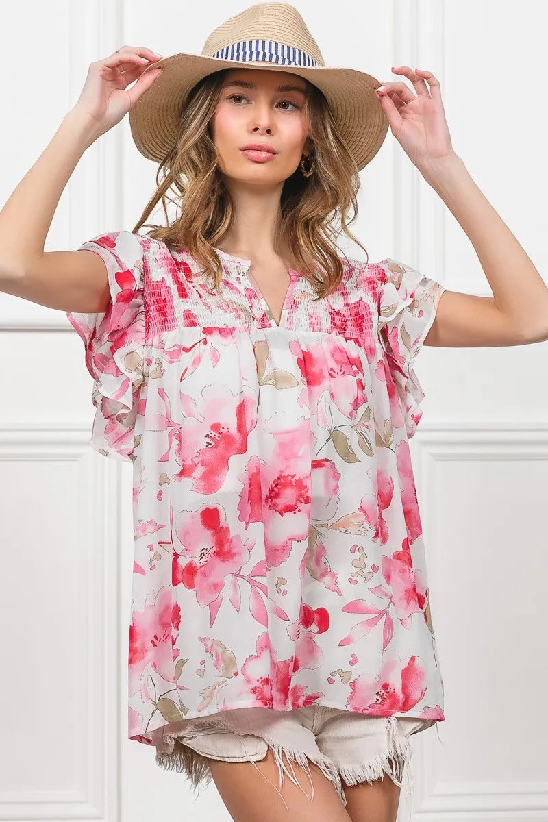 Floral Print Flutter Sheer Top