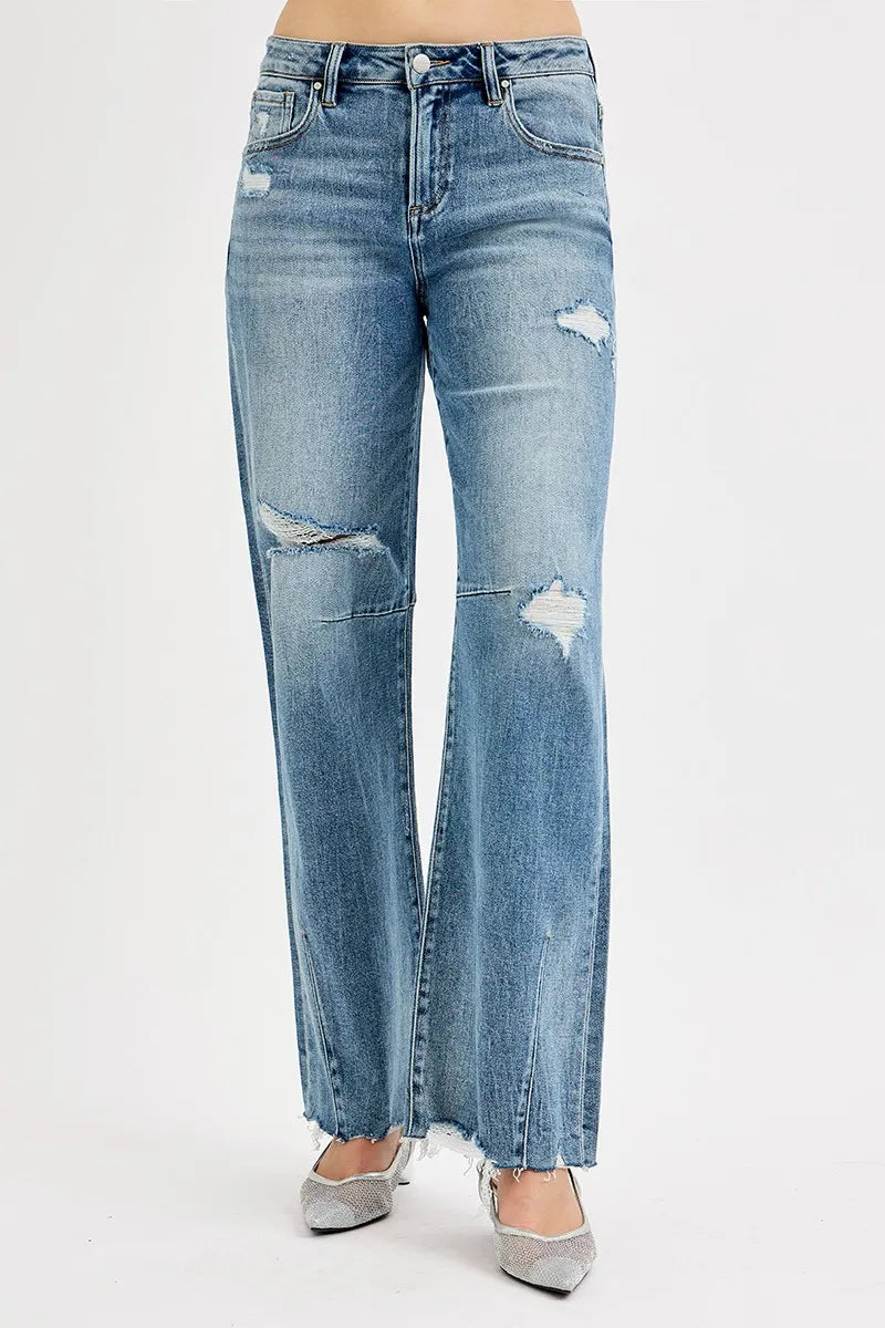 Mid Rise Fit Wide Baggy Tie-Washed Jeans
