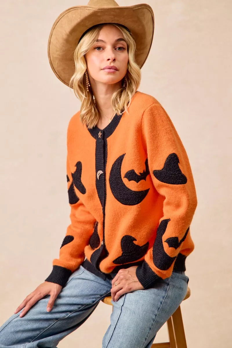 BiBi Halloween Witch Hat Moon Bat Artwork Cardigan