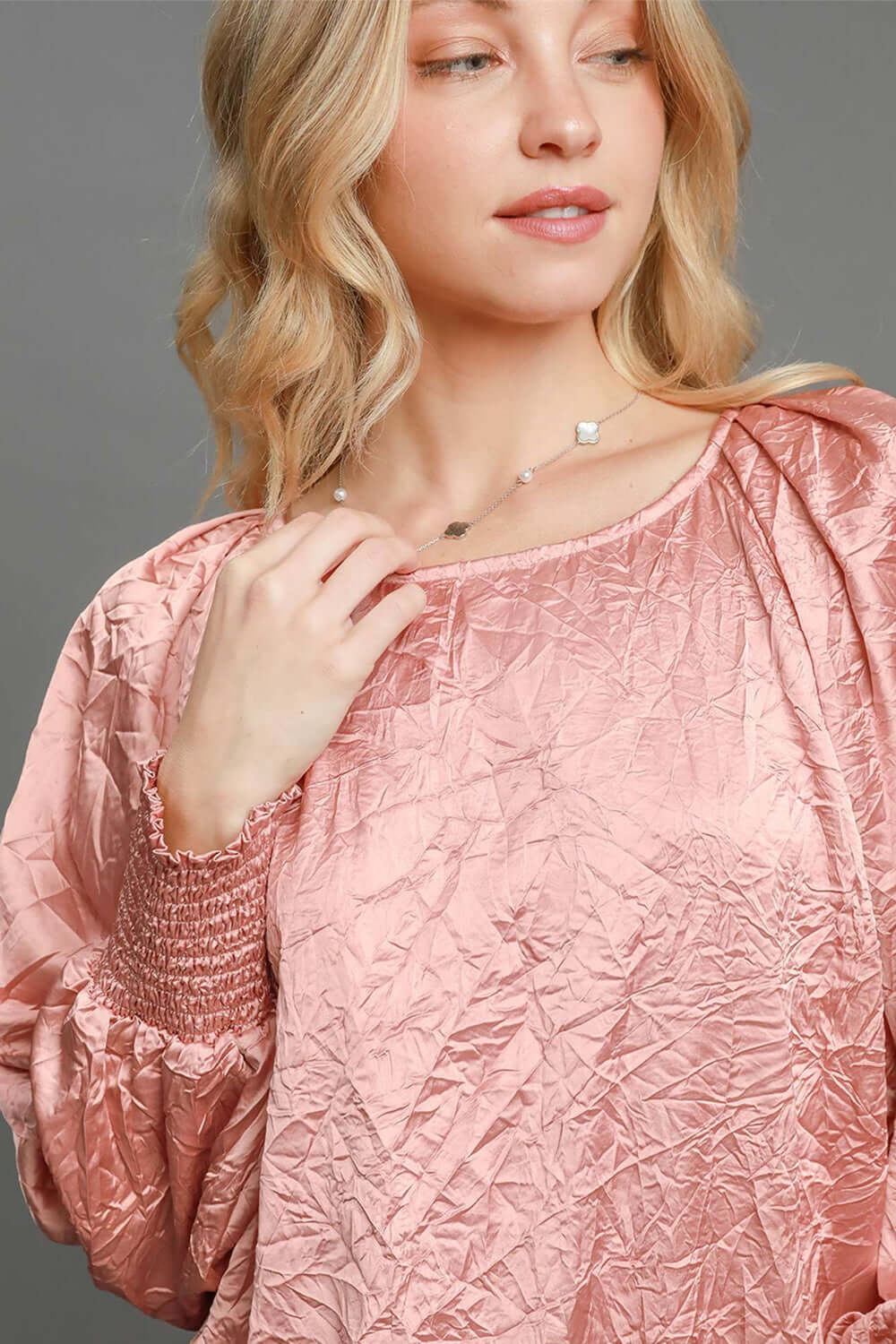 Wrinkled Round Neck Lantern Sleeve Blouse