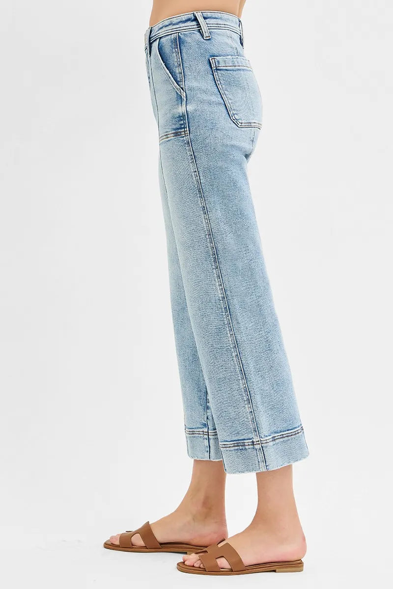 High Rise Crop Wide Front Seam Detailed Jeans